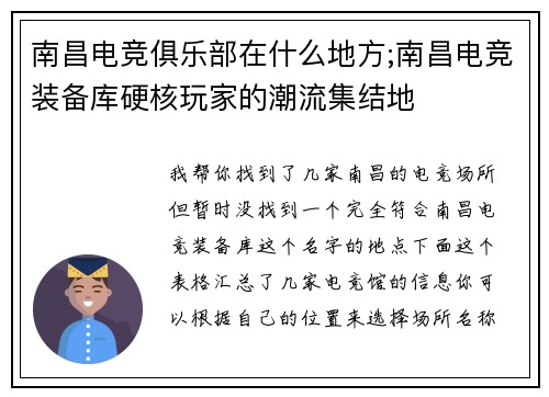 南昌电竞俱乐部在什么地方;南昌电竞装备库硬核玩家的潮流集结地